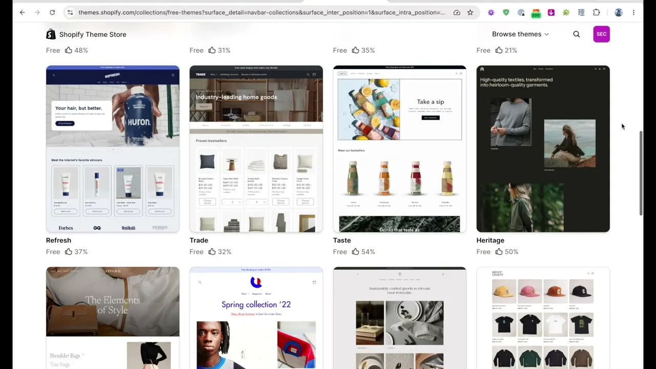 The Shopify free themes page showing 23 themes