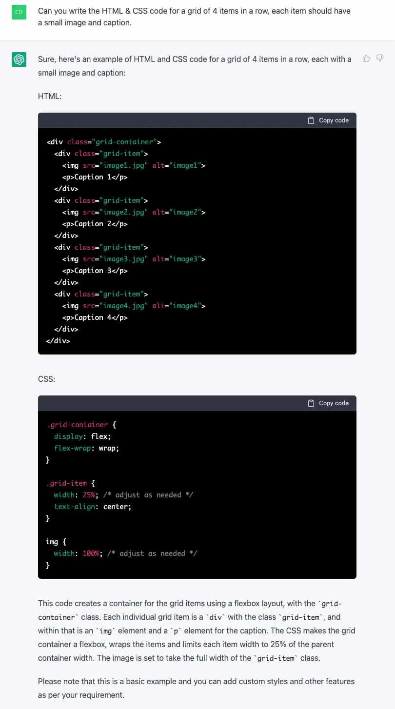 Using Chat GPT for a simple HTML & CSS Layout