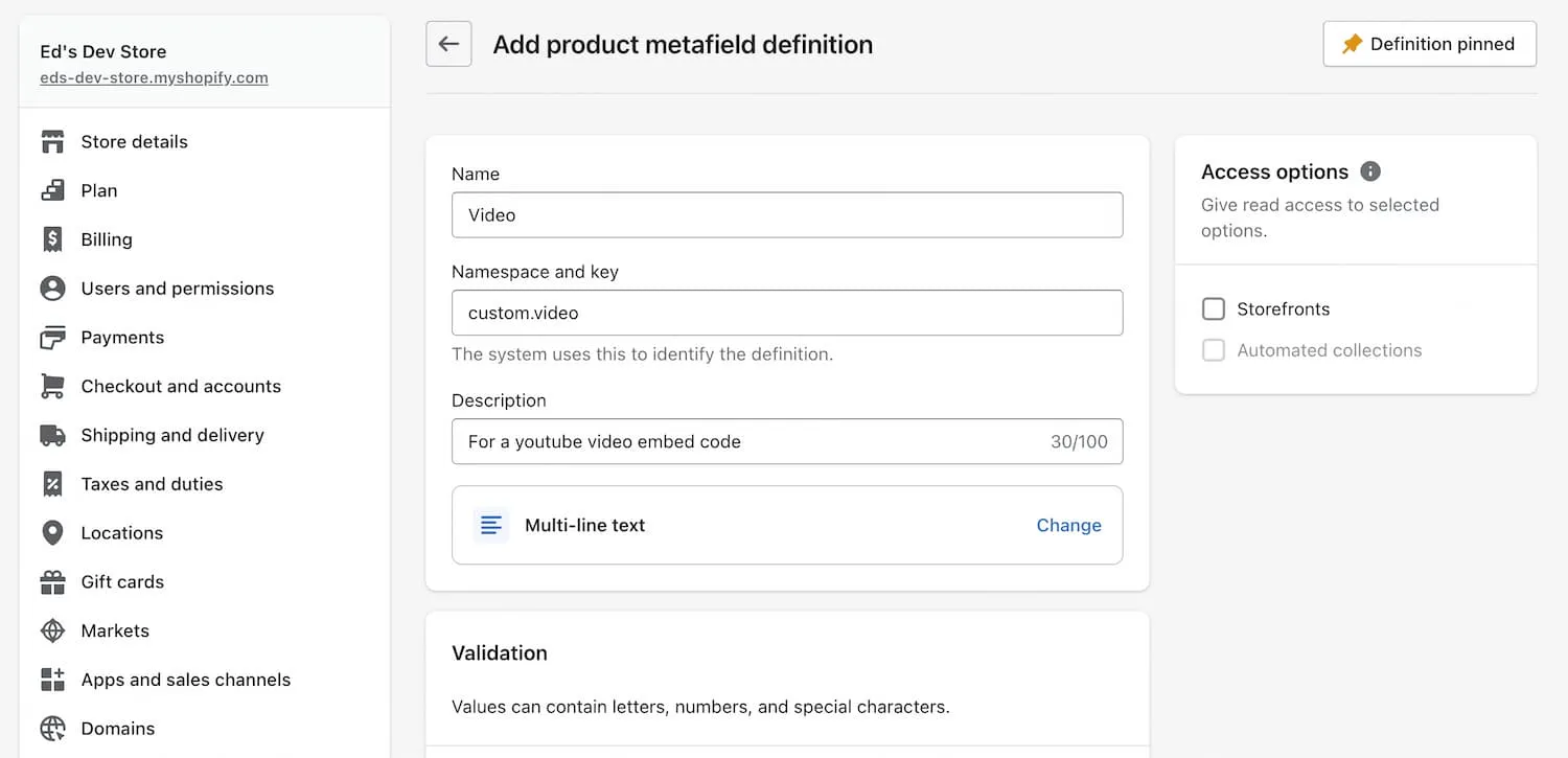 Define a multi-line text Metafield in Shopify