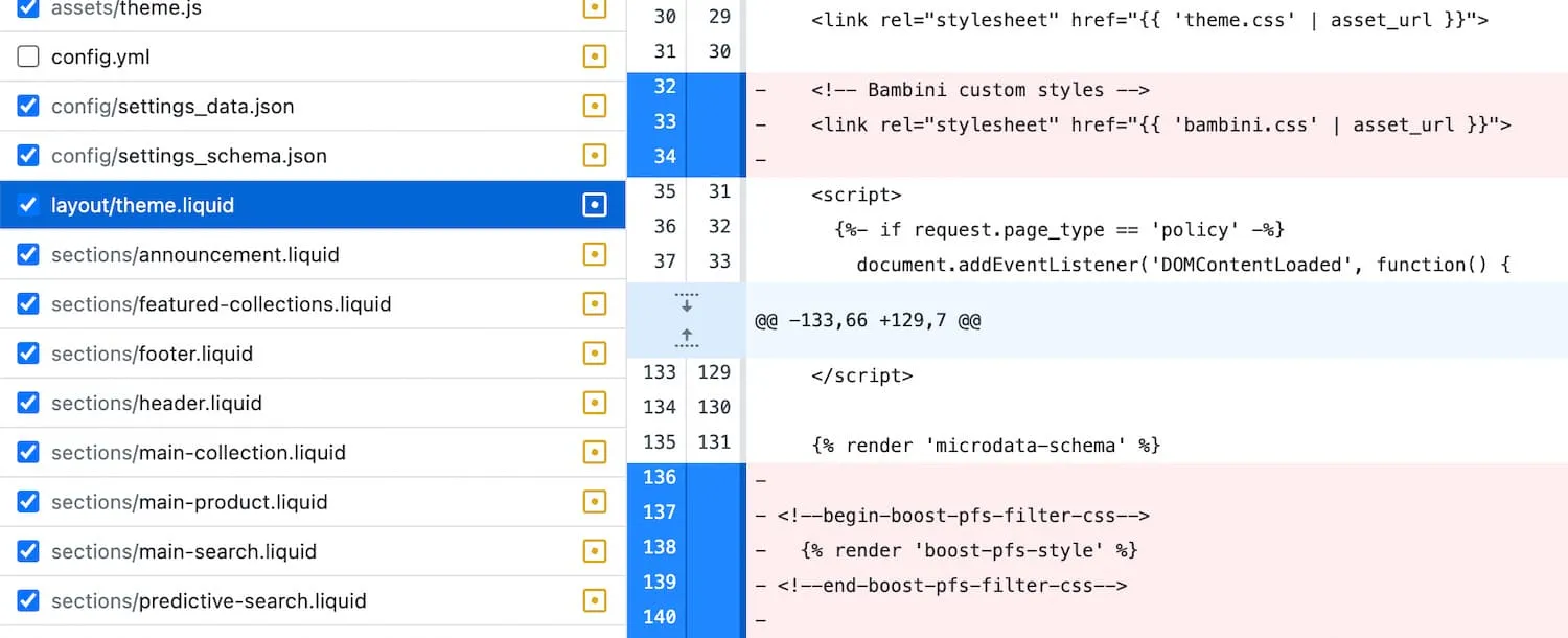 Github diff for a Shopify theme