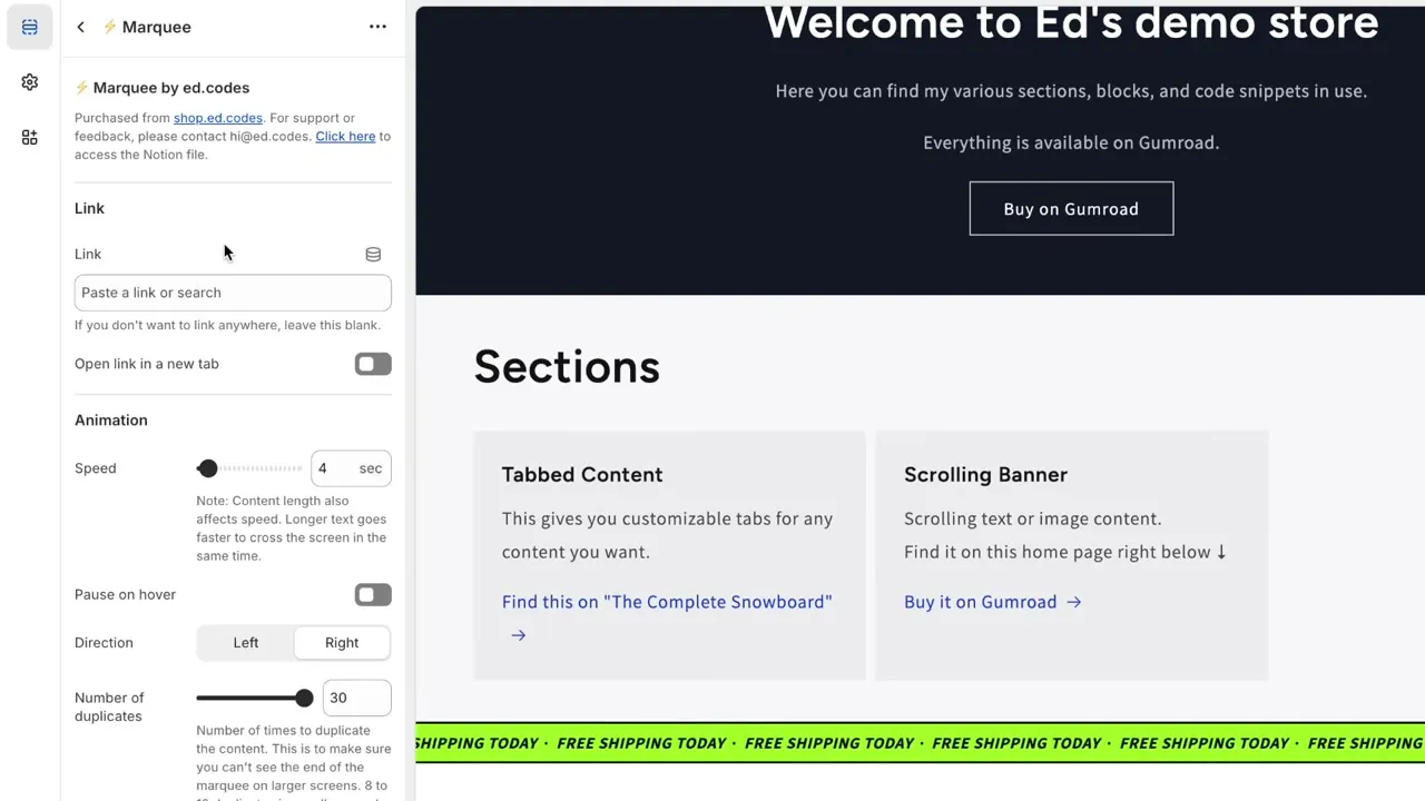 The Shopify theme editor showing the settings sidebar of a custom Marquee section, with options for link, animation speed and direction