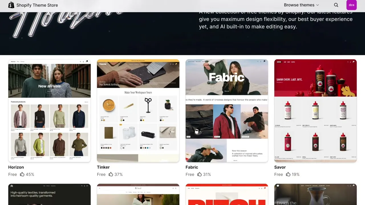 The Horizon collection of free themes on the Shopify Theme Store, including Horizon, Tinker, Fabric and Savor