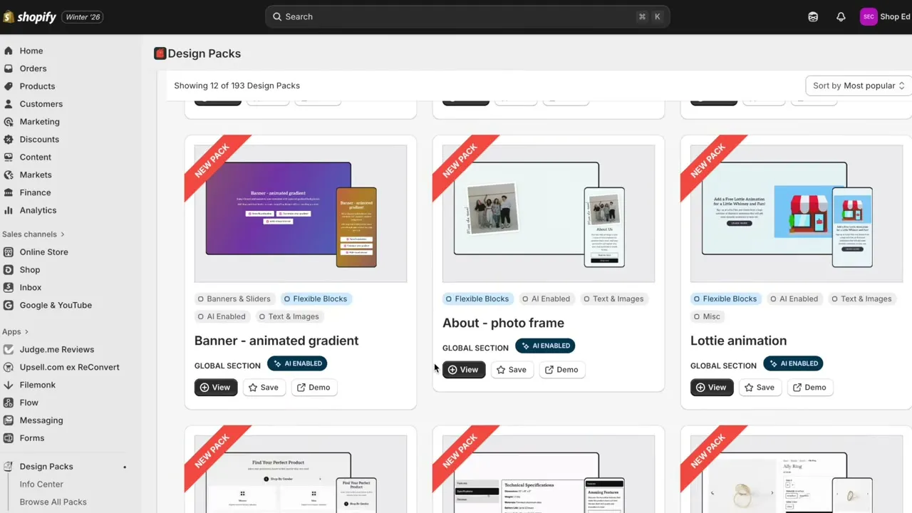 The Design Packs app in the Shopify admin, showing a library of pre-built sections
