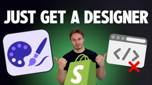 Ed pointing at a paint palette icon and a crossed-out code icon, under the title Just Get a Designer