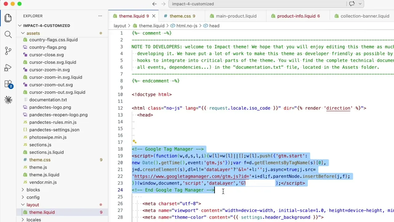 The Google Tag Manager script highlighted inside theme.liquid in the Impact 4 theme