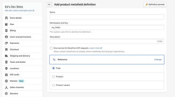 Define product reference metafield