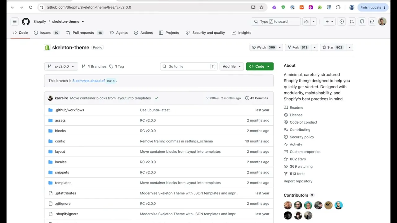 The rc-v2.0.0 branch of Shopify's skeleton-theme repository on GitHub