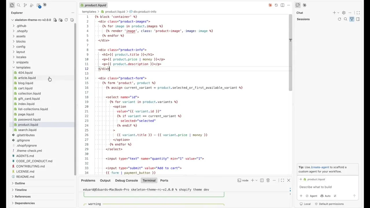 The skeleton theme's product.liquid template open in VS Code, next to a templates folder full of .liquid files