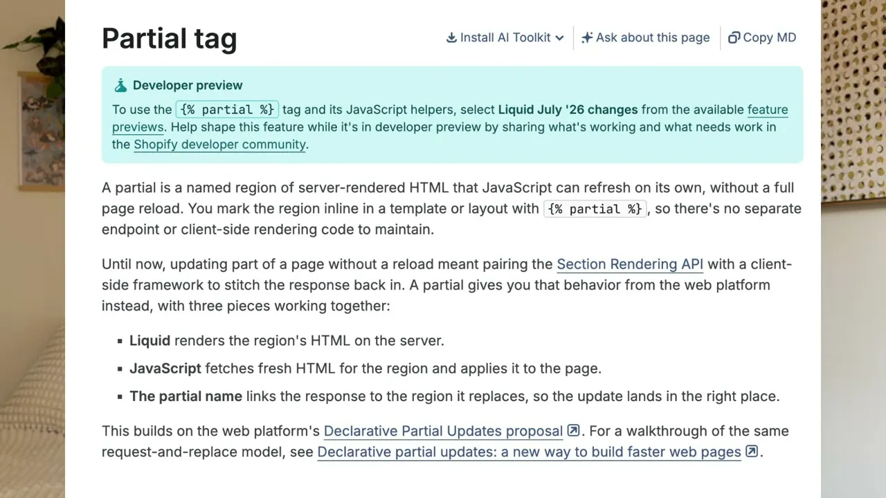 The Partial tag page in Shopify's developer preview documentation