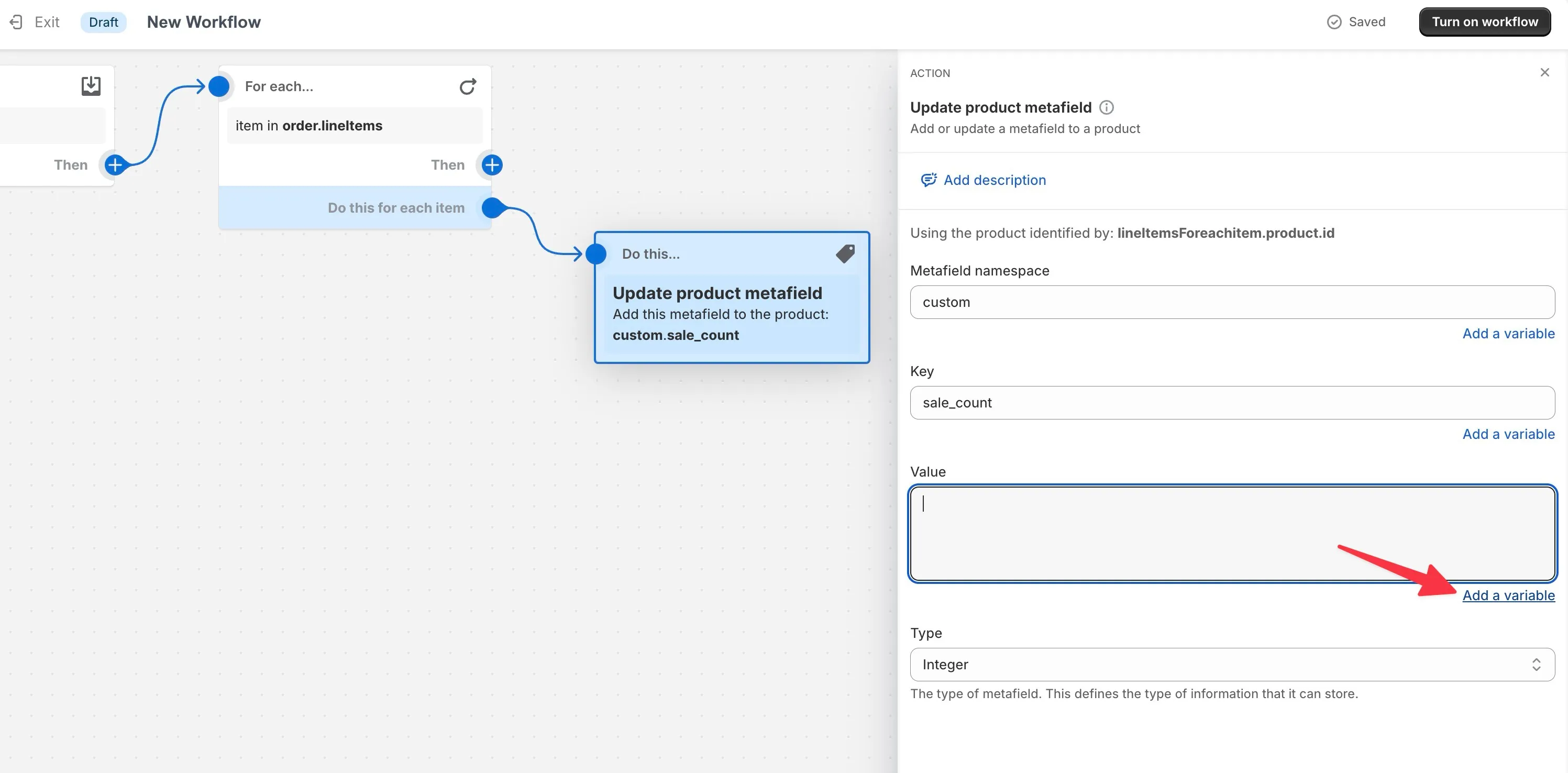 Shopify Flow add a variable