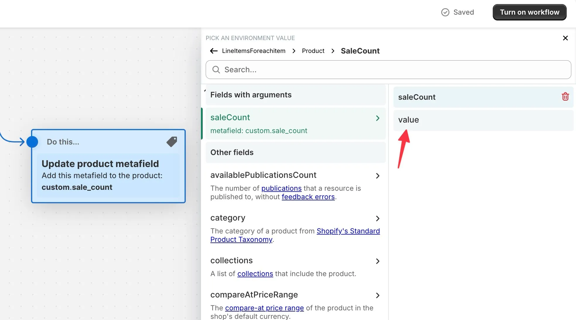 Shopify Flow metafield value