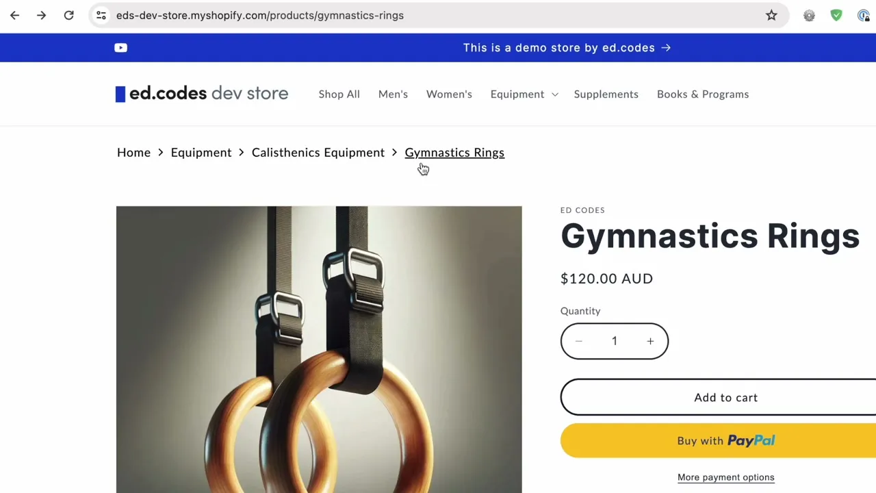 A canonical Shopify product URL showing a full breadcrumb reading Home, Equipment, Calisthenics Equipment, Gymnastics Rings