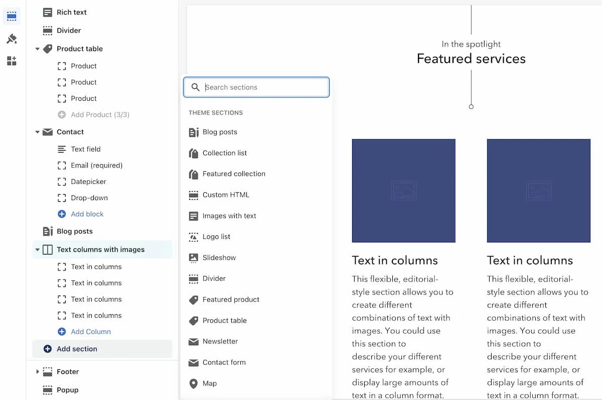 Sections available in Artisan theme 