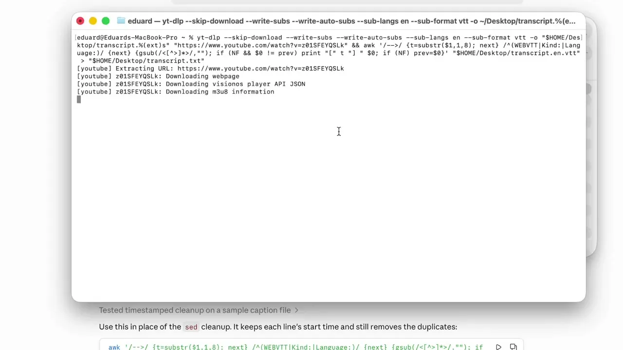 yt-dlp running in the Mac terminal, downloading the auto-generated captions for a YouTube video