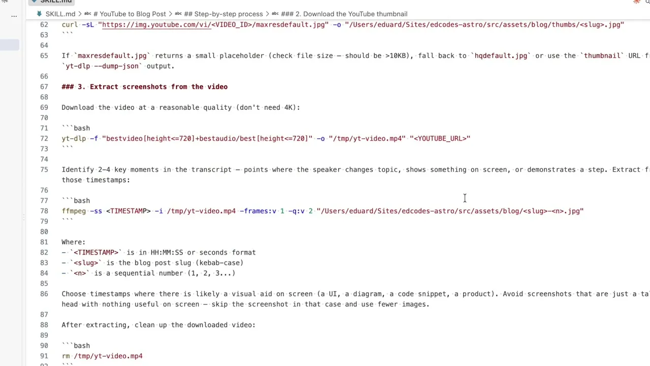 The screenshot step of the SKILL.md file, showing the yt-dlp download command and the ffmpeg command that extracts a frame at a timestamp