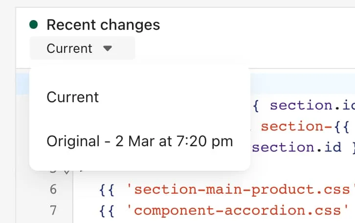 see version history in Shopify code editor